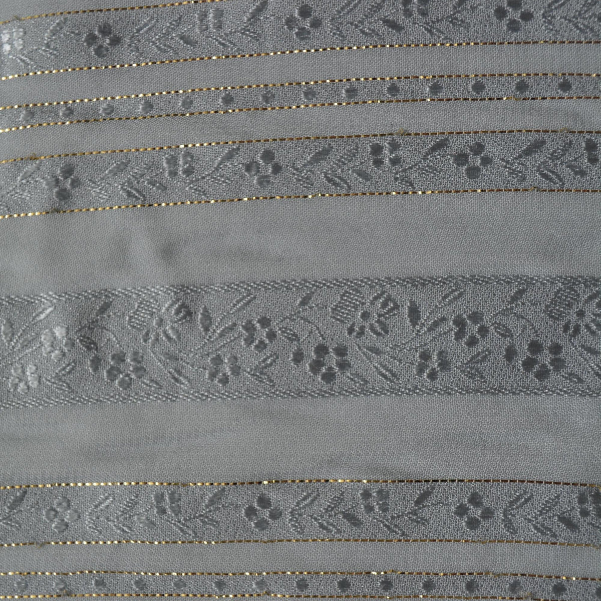 Sheer Gray Silk Fabric with Gold Threads Floral Design | By the Yard