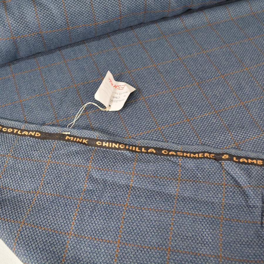 Made in Scotland Wool Tweed | Blue Mink Chinchilla Cashmere Lambswool Windowpane Midweight Designer Fabric 65 Inch Usable |By the Yard
