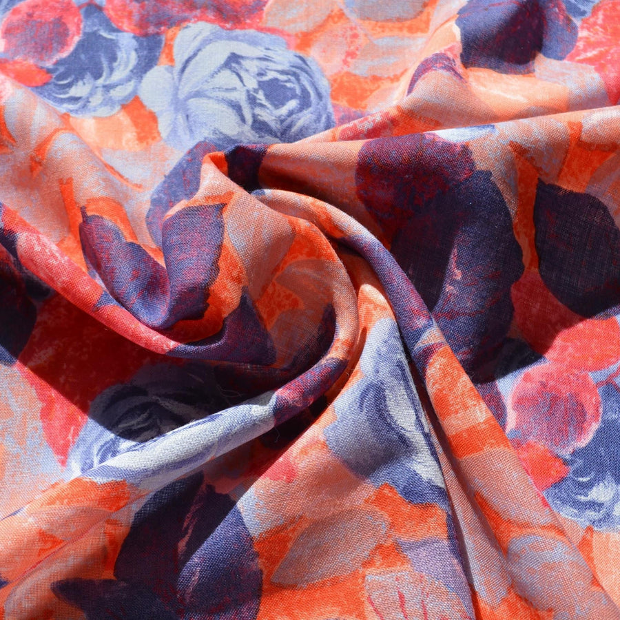 100% Linen Fabric Floral Floral orange and blue 53" Wide Dressmaking Tailoring | By the Yard