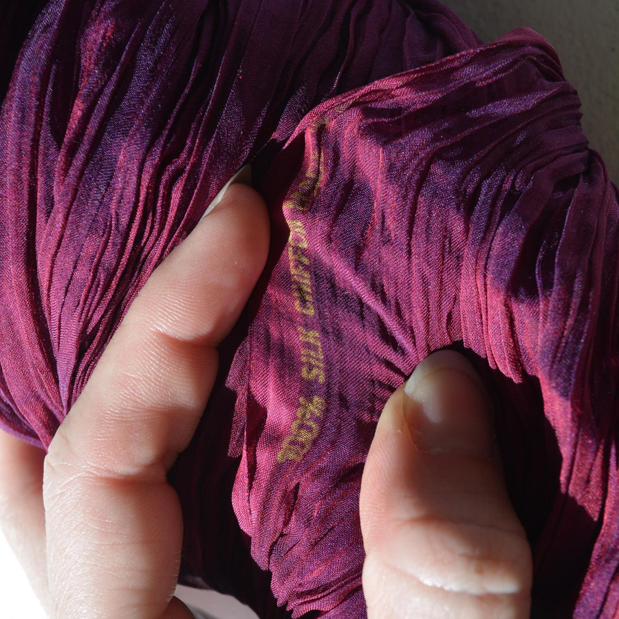 Vintage French Pleated Shibori Silk Crinkle Chiffon Fabric Purple / burgundy Two-tone iridescent Luxury Fabric | By the Yard