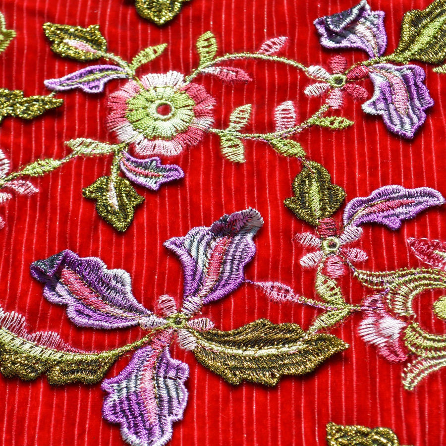 Red Embroidered Cotton Velvet Fabric | 100% Cotton | Heavyweight Luxury Sewing Fabric By the Yard