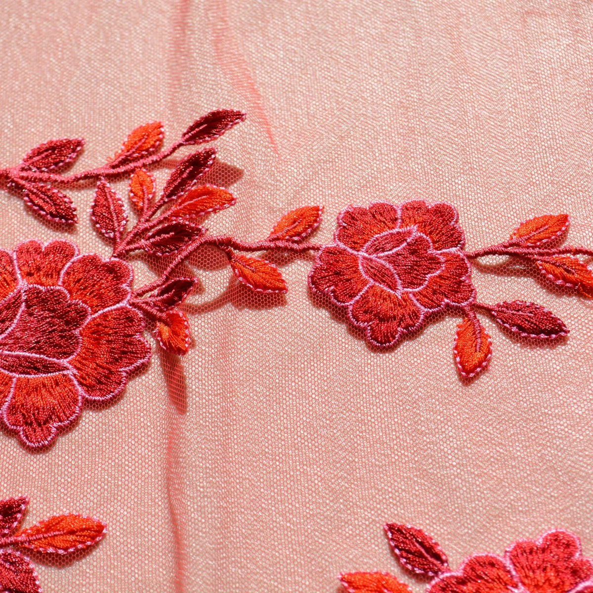 Red net, floral embroidered Embroidered Net Fabric | Designer Deadstock Yardage |By the Yard