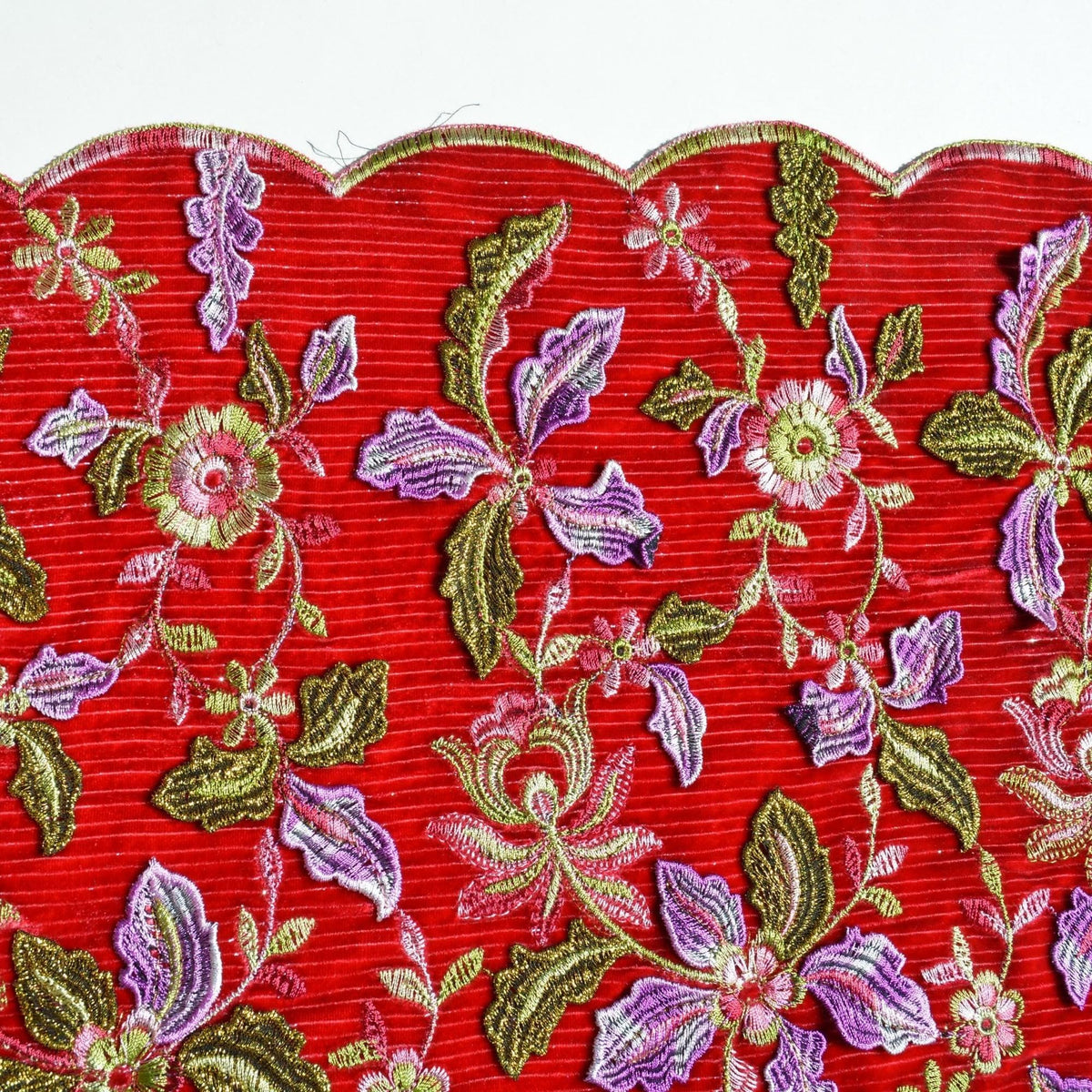 Red Embroidered Cotton Velvet Fabric | 100% Cotton | Heavyweight Luxury Sewing Fabric By the Yard