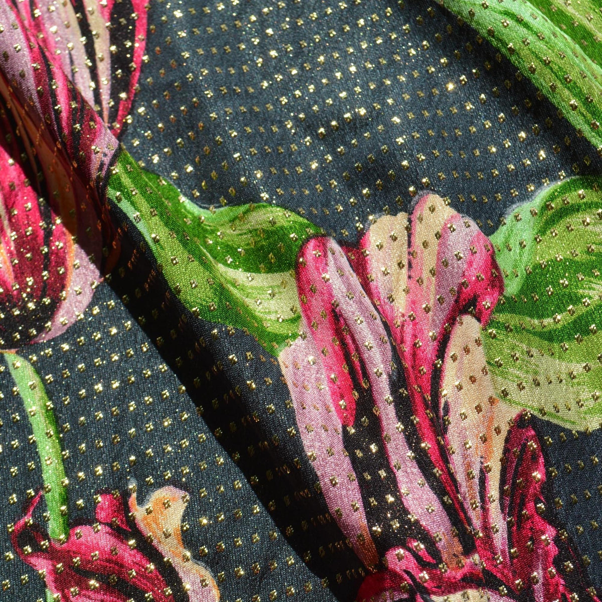 100% Silk Embroidered Silk Fabric Black Floral print on black with gold dots 54" Wide Luxury Fabric Sewing | By the Yard