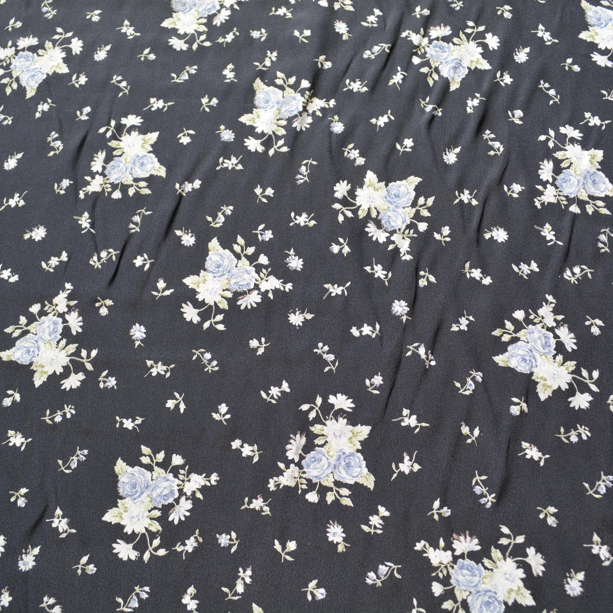 French 100% Silk Crepe de Chine Print Black and blue Floral print 54" Wide Luxury Fabric Sewing | By the Yard