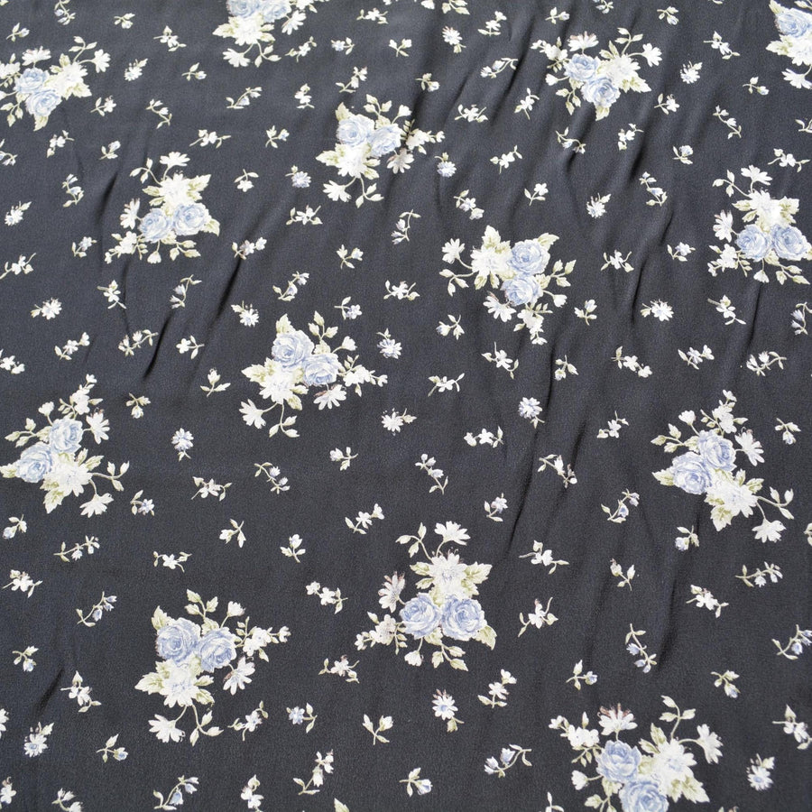 French 100% Silk Crepe de Chine Print Black and blue Floral print 54" Wide Luxury Fabric Sewing | By the Yard