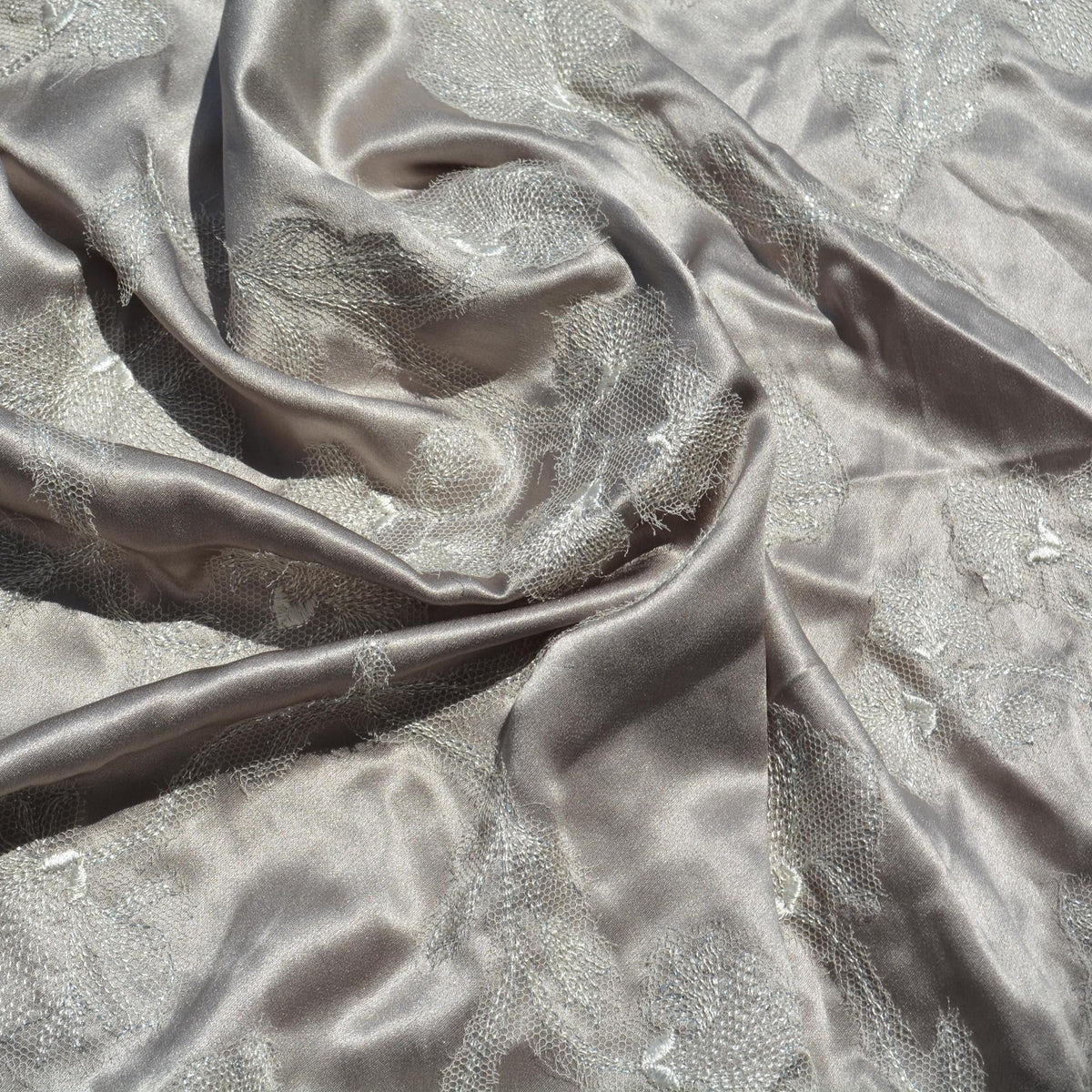 Pure Silk Charmeuse Embroidered Fabric | Gray Made in Italy Designer Deadstock | Dresses, Skirts, Couture | By the Yard