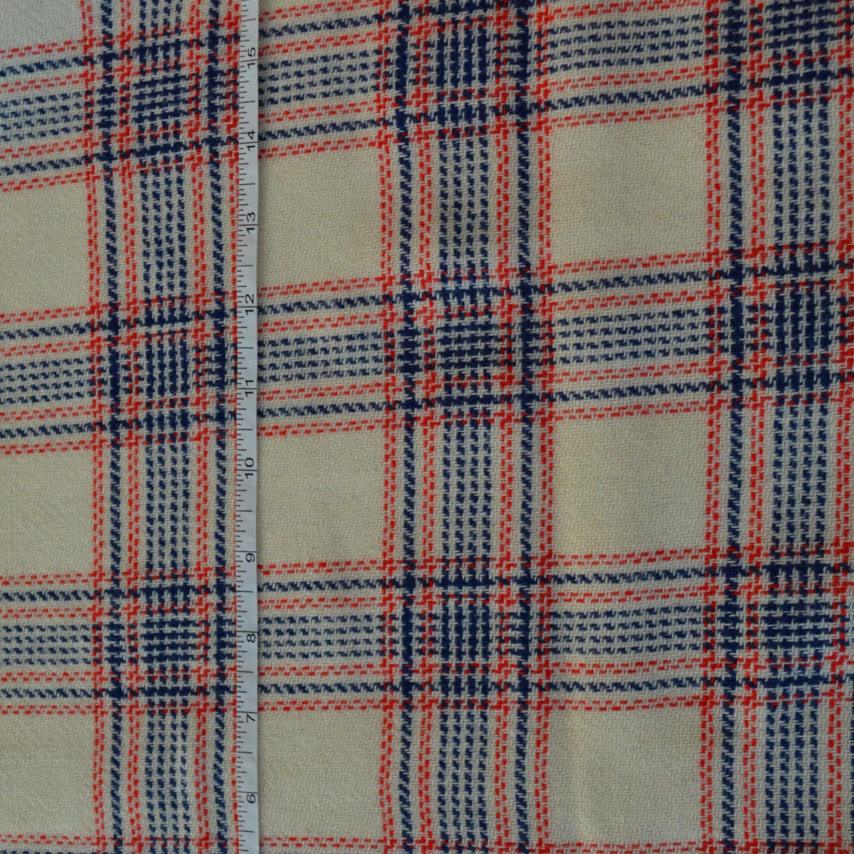 Heavyweight Beige Wool Tweed Fabric with Blue and Red Windowpane Check 55 Inch Wide | By the Yard