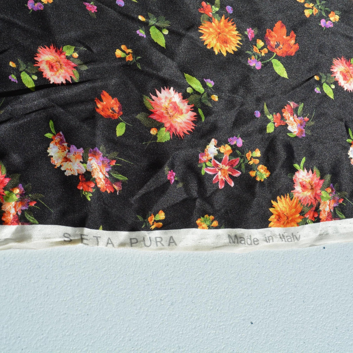 Italian 100% Silk Charmeuse Floral Print Fabric | Black floral |By the Yard