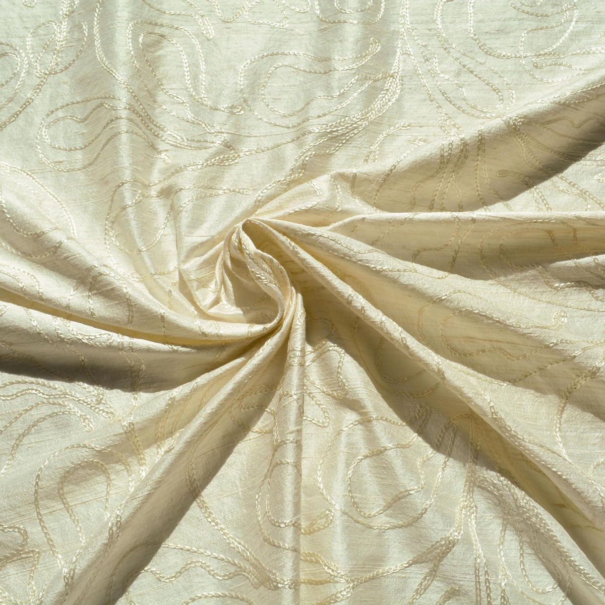 Silk Dupioni Fabric White Embroidered Shiny Squiggle Lines 43 Inch Usable | By the Yard