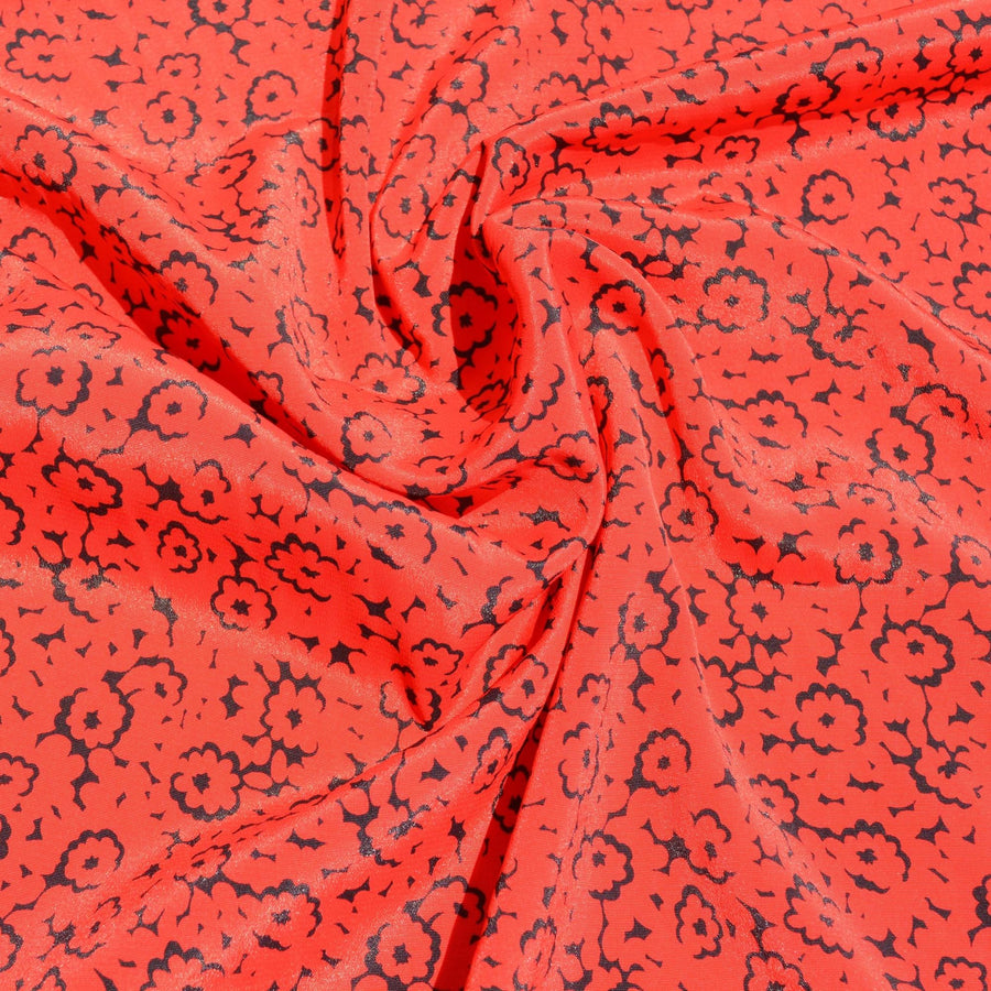 Pure Silk Twill Fabric | Black & Red Floral Lightweight Designer Deadstock | Dresses, Blouses, Scarves | By the Yard