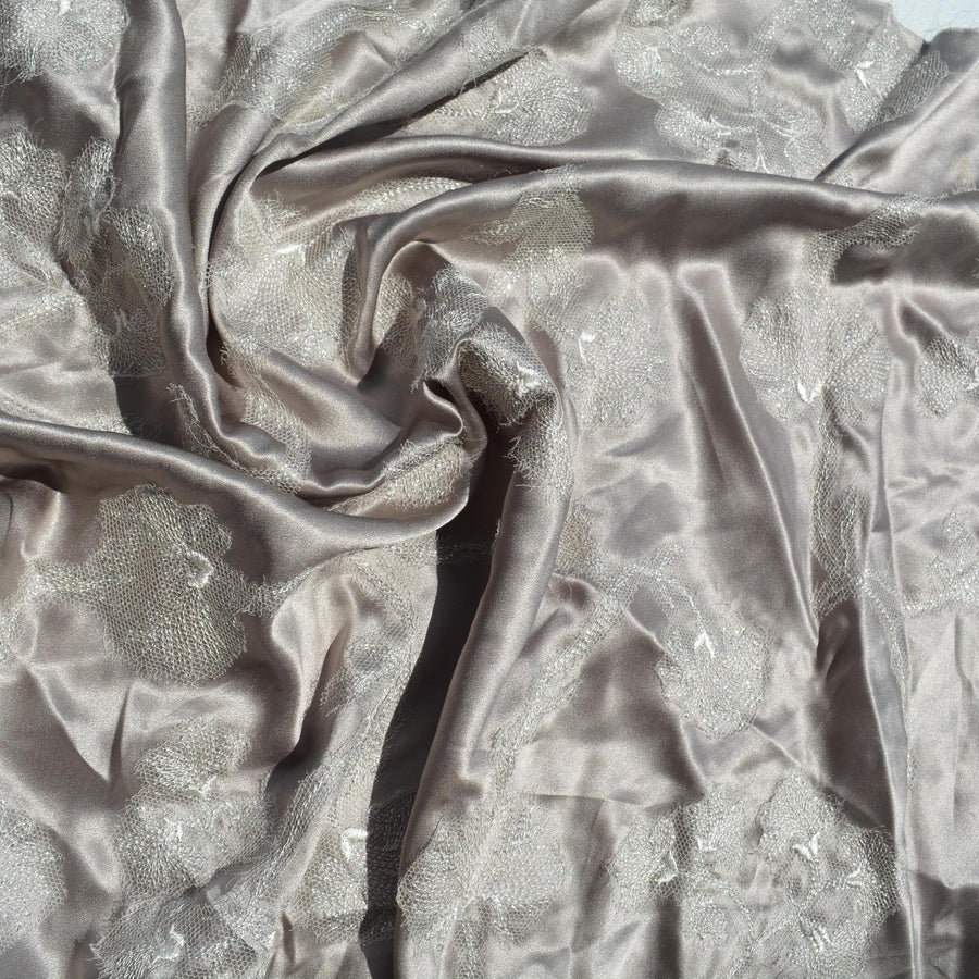 Pure Silk Charmeuse Embroidered Fabric | Gray Made in Italy Designer Deadstock | Dresses, Skirts, Couture | By the Yard