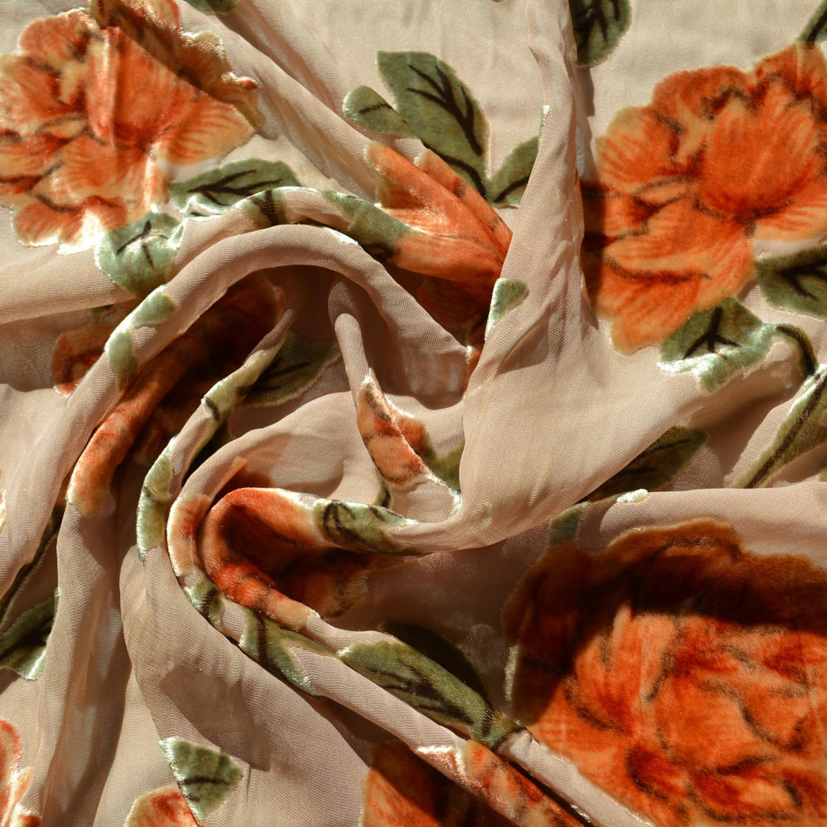 Beige and orange | silk poly blend | Velvet | Designer Deadstock |By the Yard