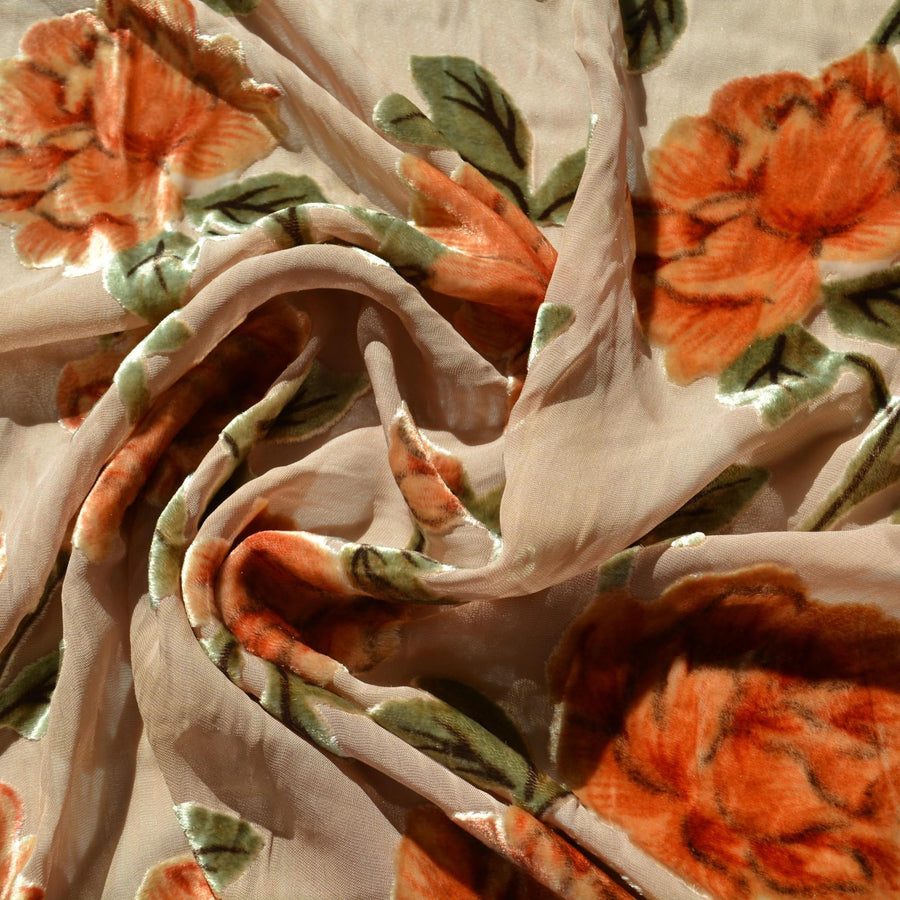 Beige and orange | silk poly blend | Velvet | Designer Deadstock |By the Yard