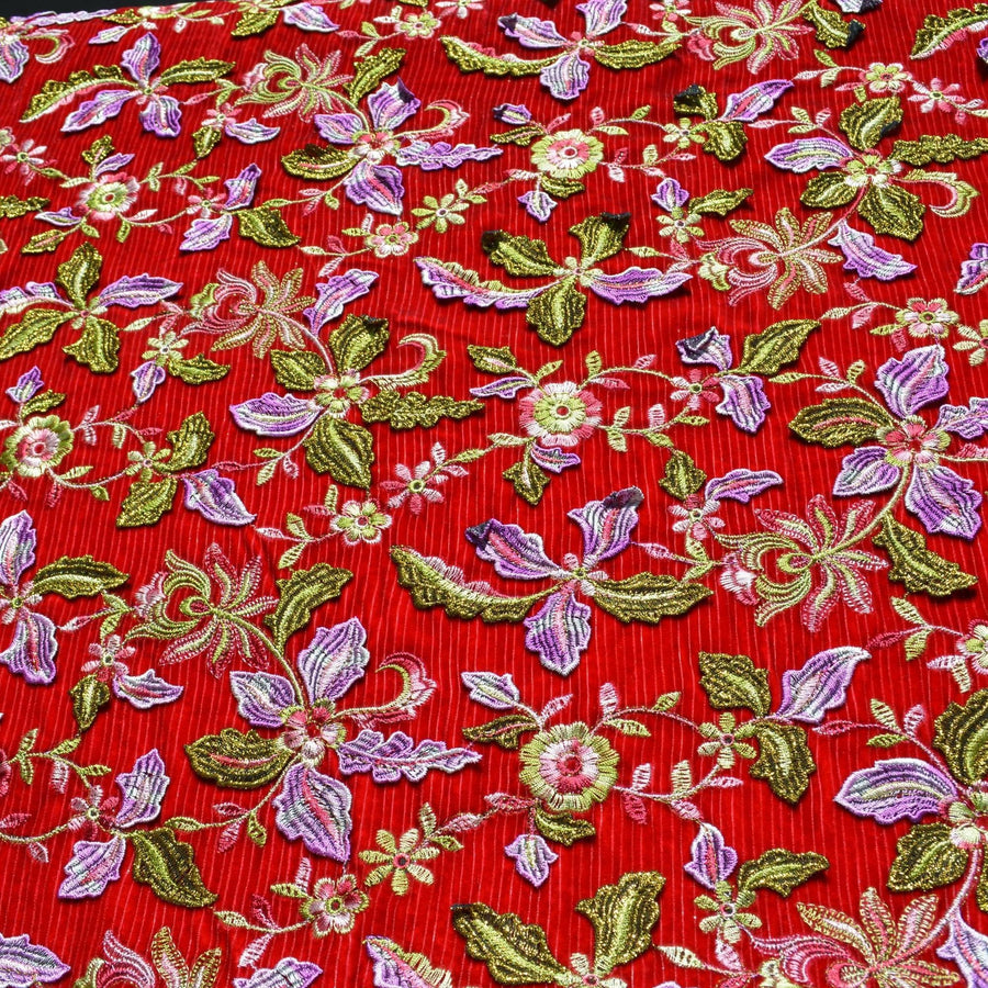 Red Embroidered Cotton Velvet Fabric | 100% Cotton | Heavyweight Luxury Sewing Fabric By the Yard