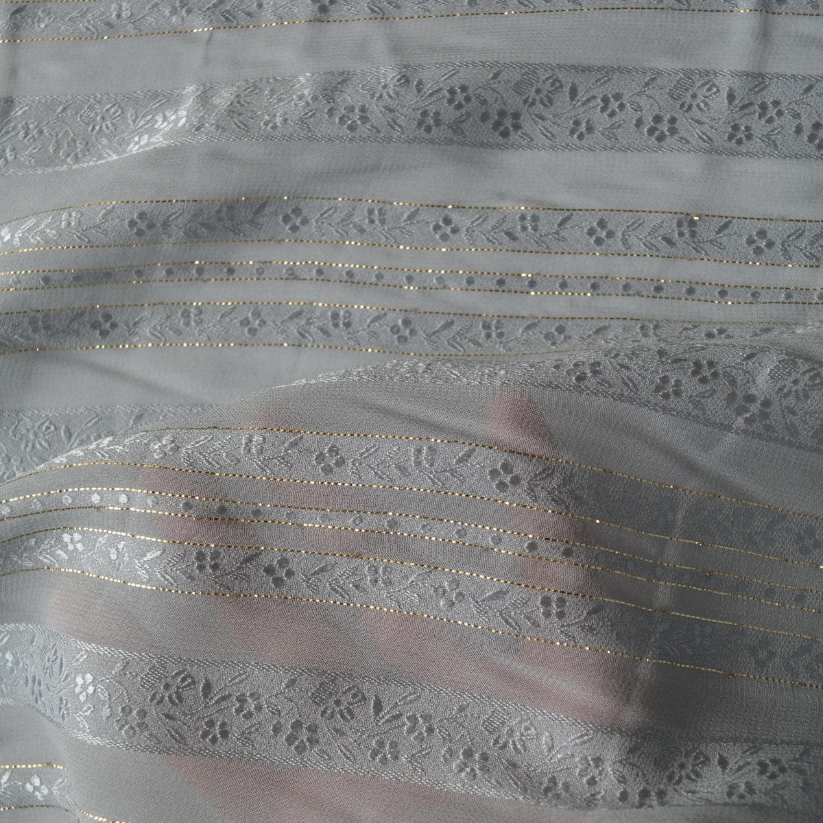 Sheer Gray Silk Fabric with Gold Threads Floral Design | By the Yard
