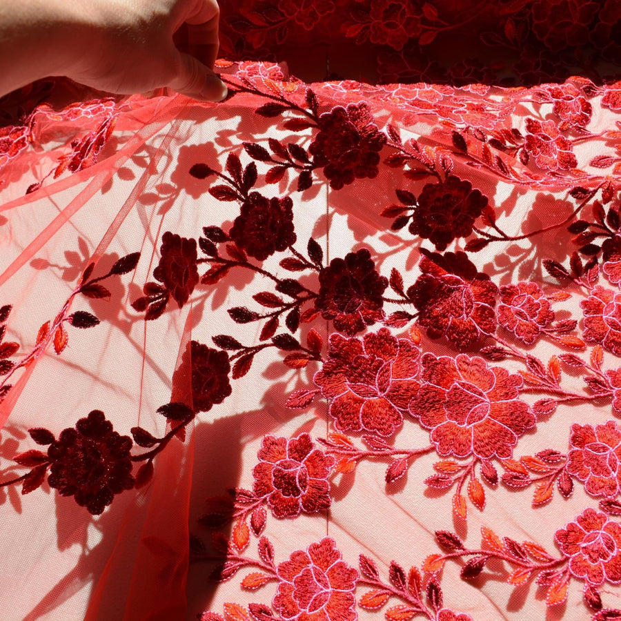 Red net, floral embroidered Embroidered Net Fabric | Designer Deadstock Yardage |By the Yard