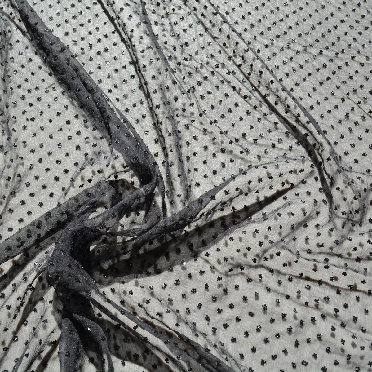 Black crinkle chiffon | Sequined 100% Silk Sequined Crinkle Chiffon Fabric | Designer Deadstock Yardage |By the Yard