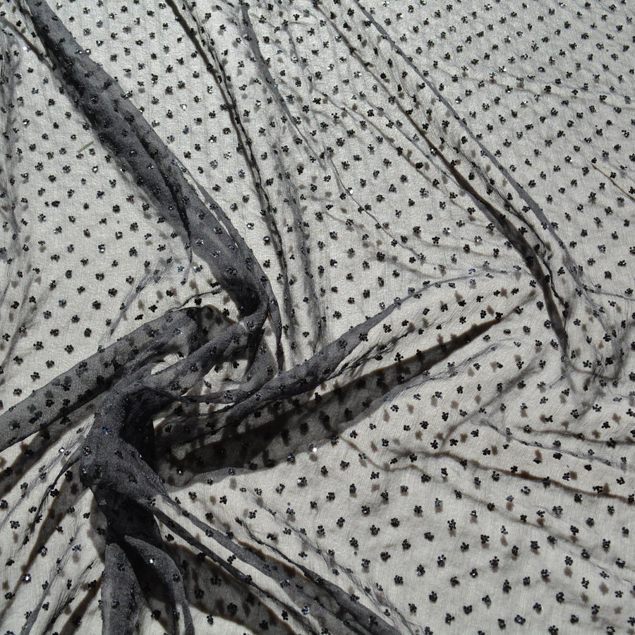 Black crinkle chiffon | Sequined 100% Silk Sequined Crinkle Chiffon Fabric | Designer Deadstock Yardage |By the Yard