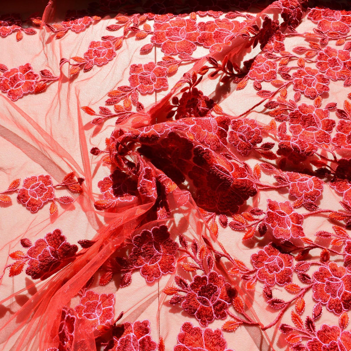 Red net, floral embroidered Embroidered Net Fabric | Designer Deadstock Yardage |By the Yard