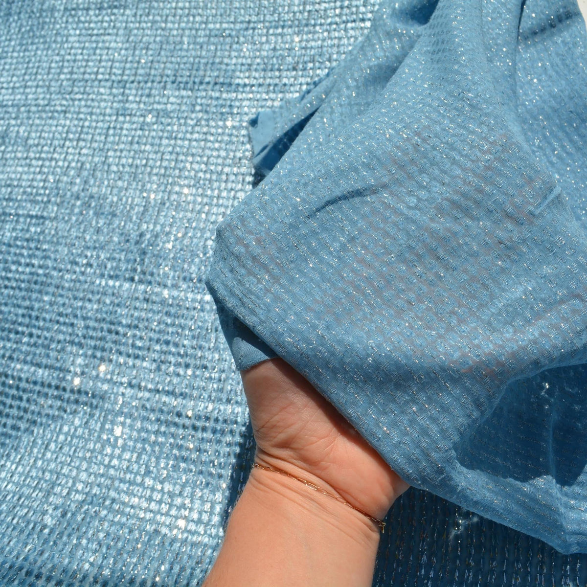 Light Blue Silver Metallic Velvet on Silk Georgette | Designer Fabric | Silk Burnout Velvet, Luxury Dressmaking Fabric |
