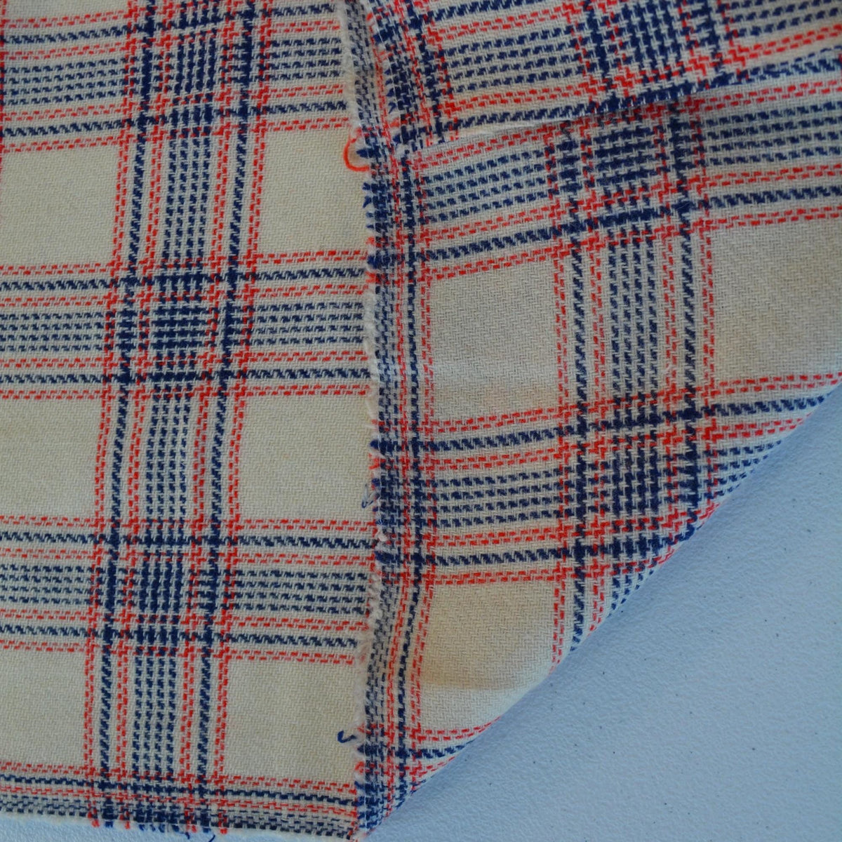 Heavyweight Beige Wool Tweed Fabric with Blue and Red Windowpane Check 55 Inch Wide | By the Yard