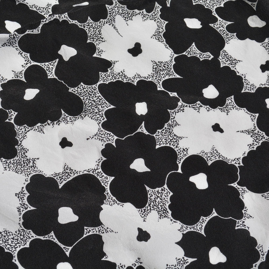 Pure Silk Pebble Crepe Fabric | Black & White Floral Lightweight Designer Deadstock | Dresses, Blouses, Skirts | By the Yard