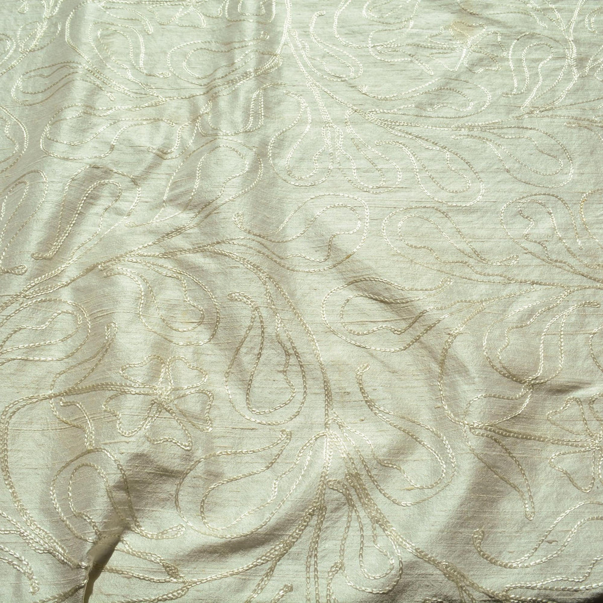 Silk Dupioni Fabric White Embroidered Shiny Squiggle Lines 43 Inch Usable | By the Yard