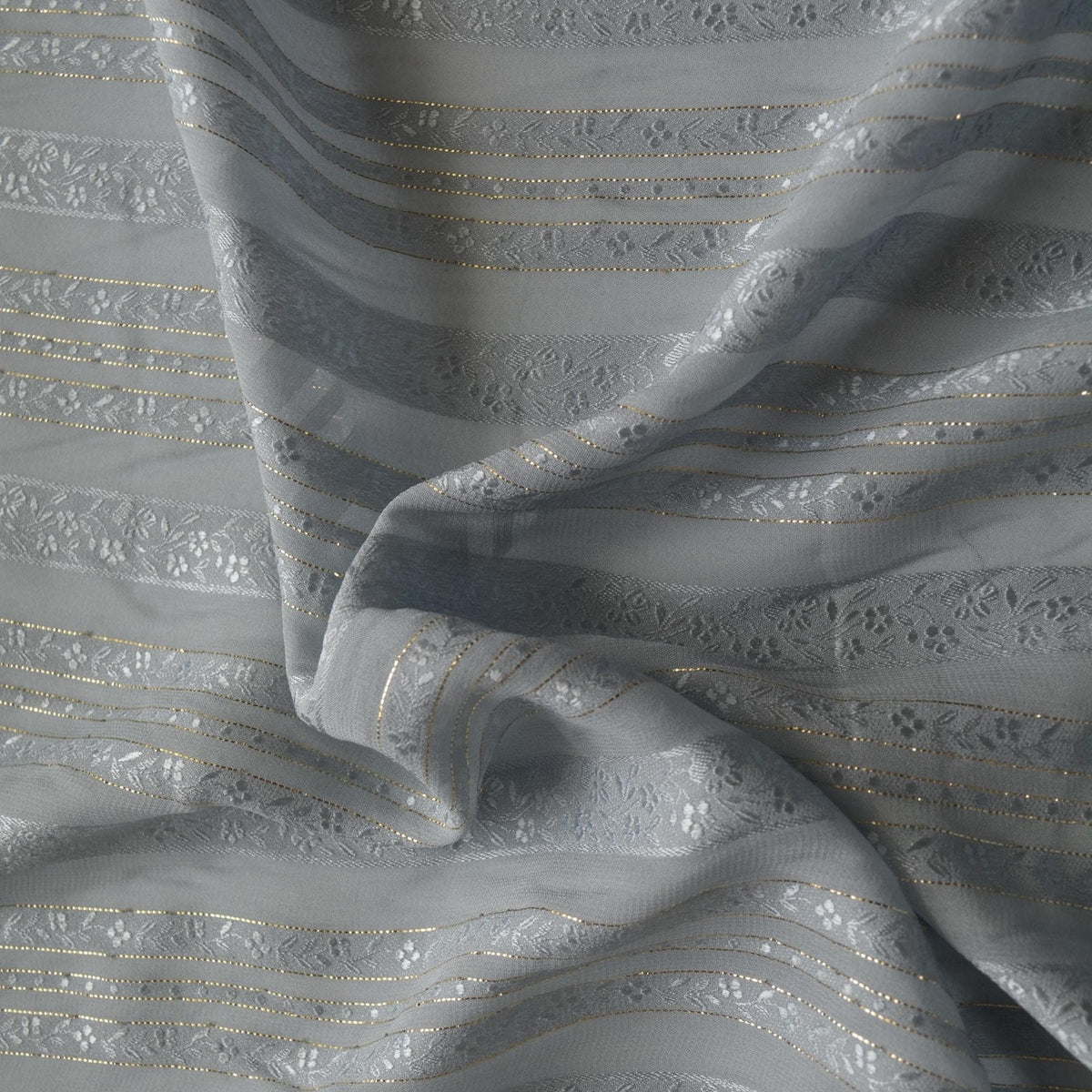 Sheer Gray Silk Fabric with Gold Threads Floral Design | By the Yard