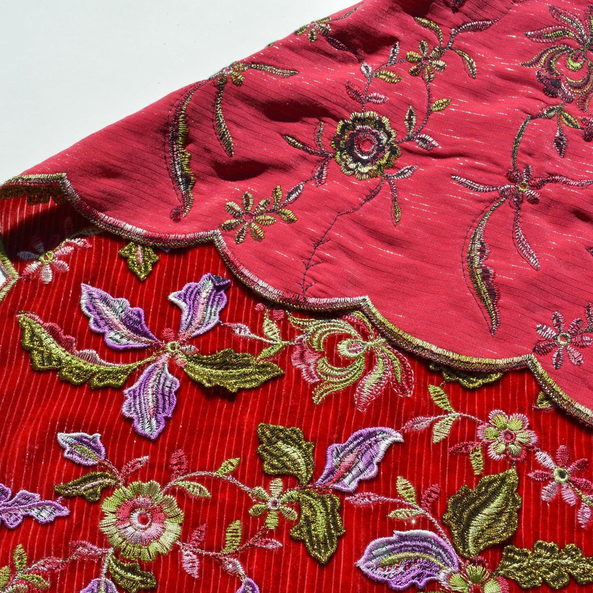 Red Embroidered Cotton Velvet Fabric | 100% Cotton | Heavyweight Luxury Sewing Fabric By the Yard