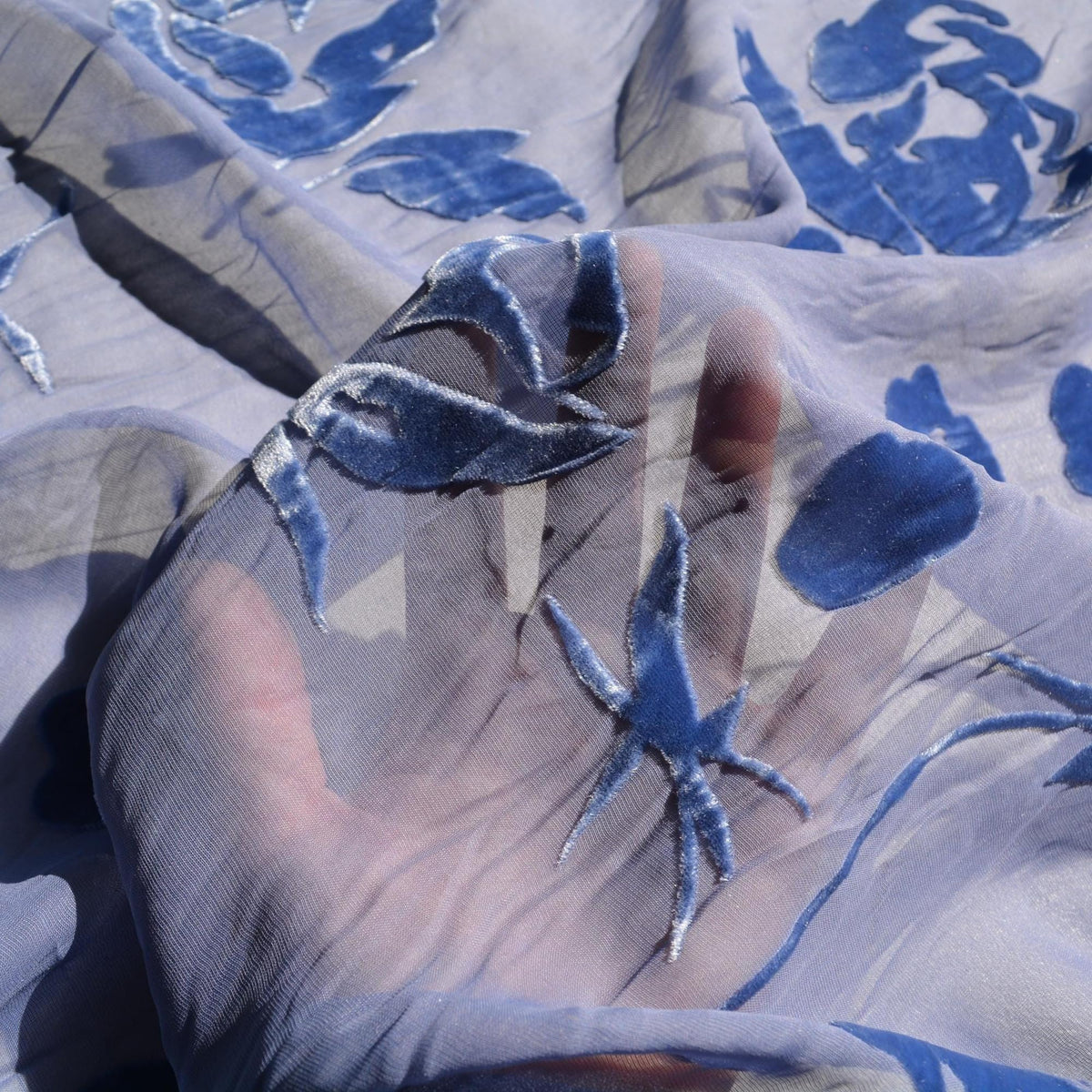 Burnout Velvet Chiffon Blue floral 45" Wide Luxury Fabric Sewing | By the Yard