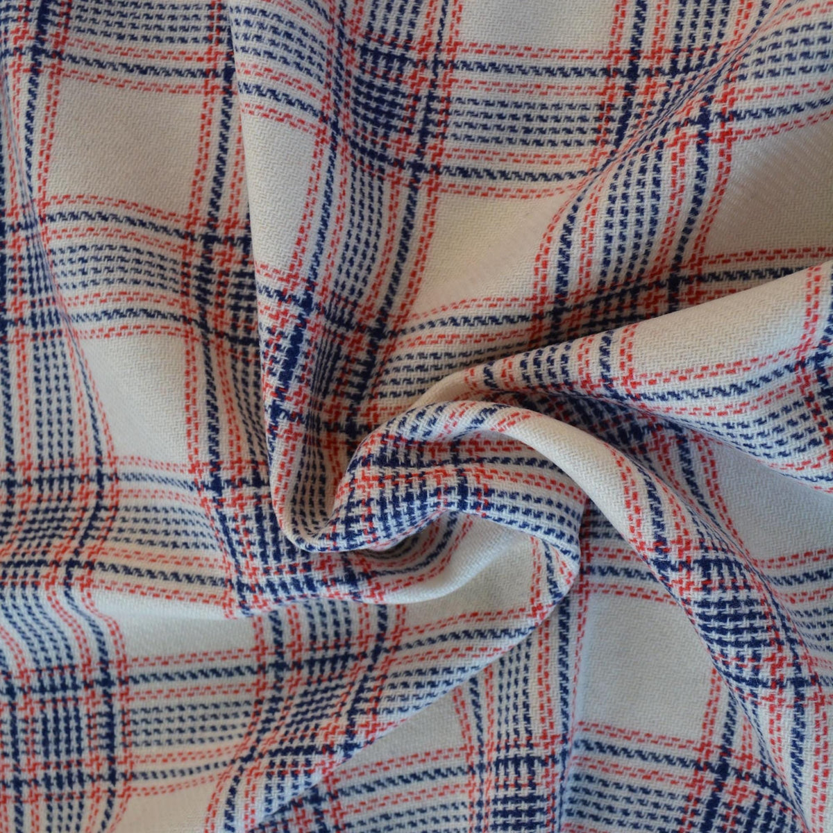 Heavyweight Beige Wool Tweed Fabric with Blue and Red Windowpane Check 55 Inch Wide | By the Yard