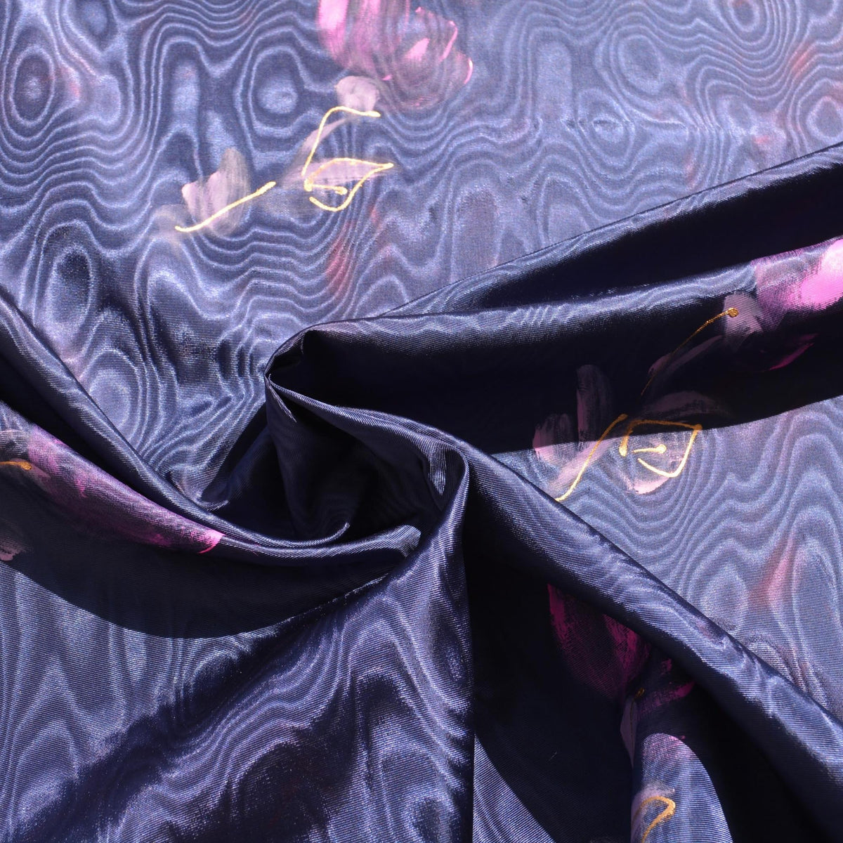 Navy Cotton Acetate Hand-Painted Moiré | By the Yard