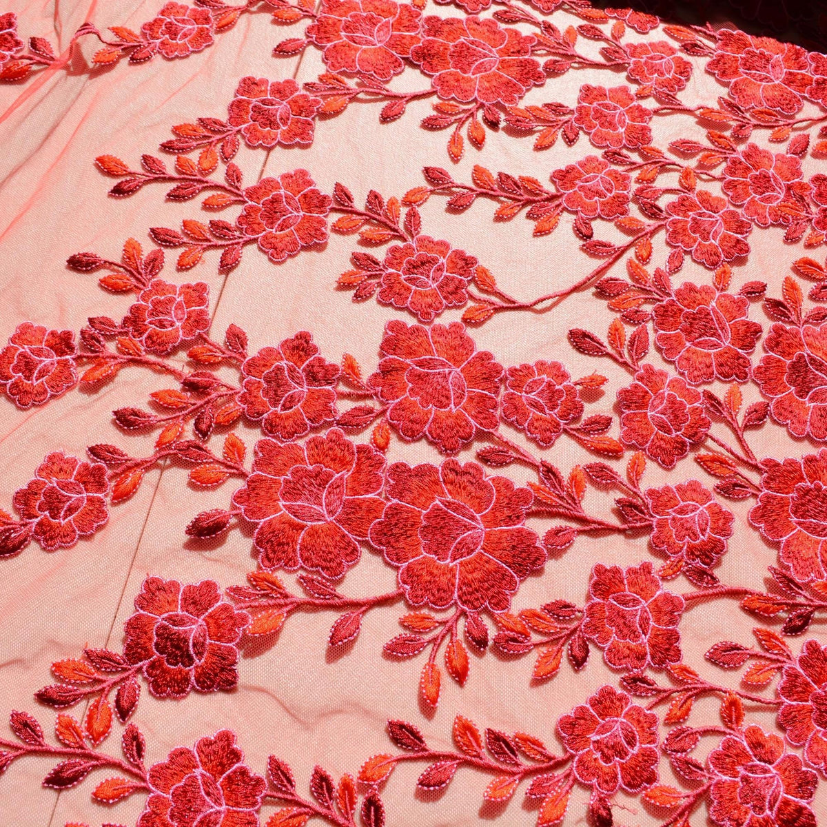 Red net, floral embroidered Embroidered Net Fabric | Designer Deadstock Yardage |By the Yard