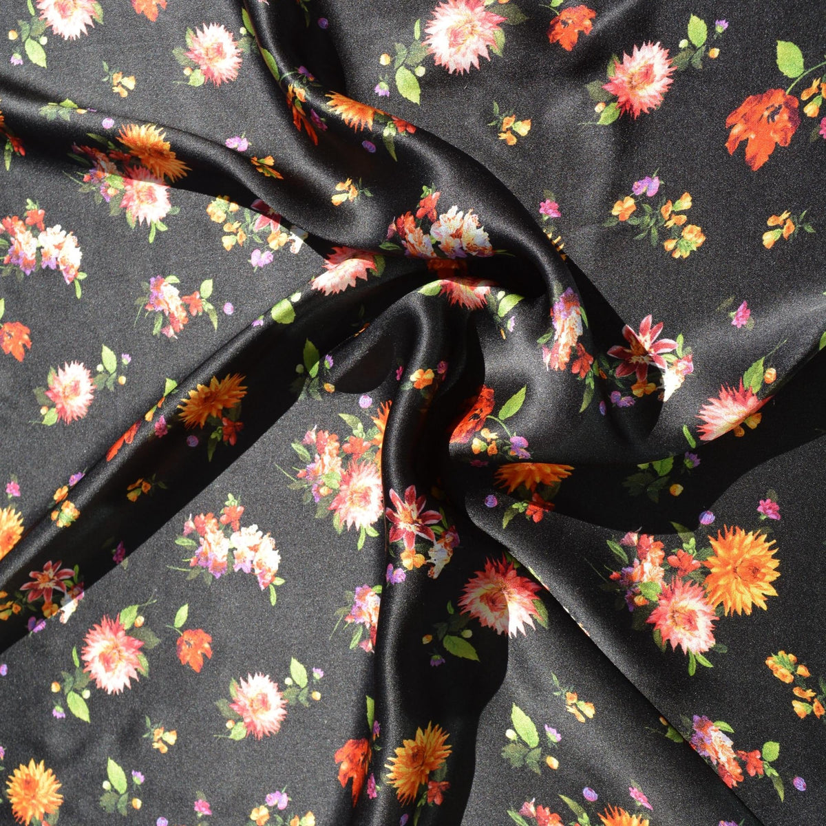 Italian 100% Silk Charmeuse Floral Print Fabric | Black floral |By the Yard