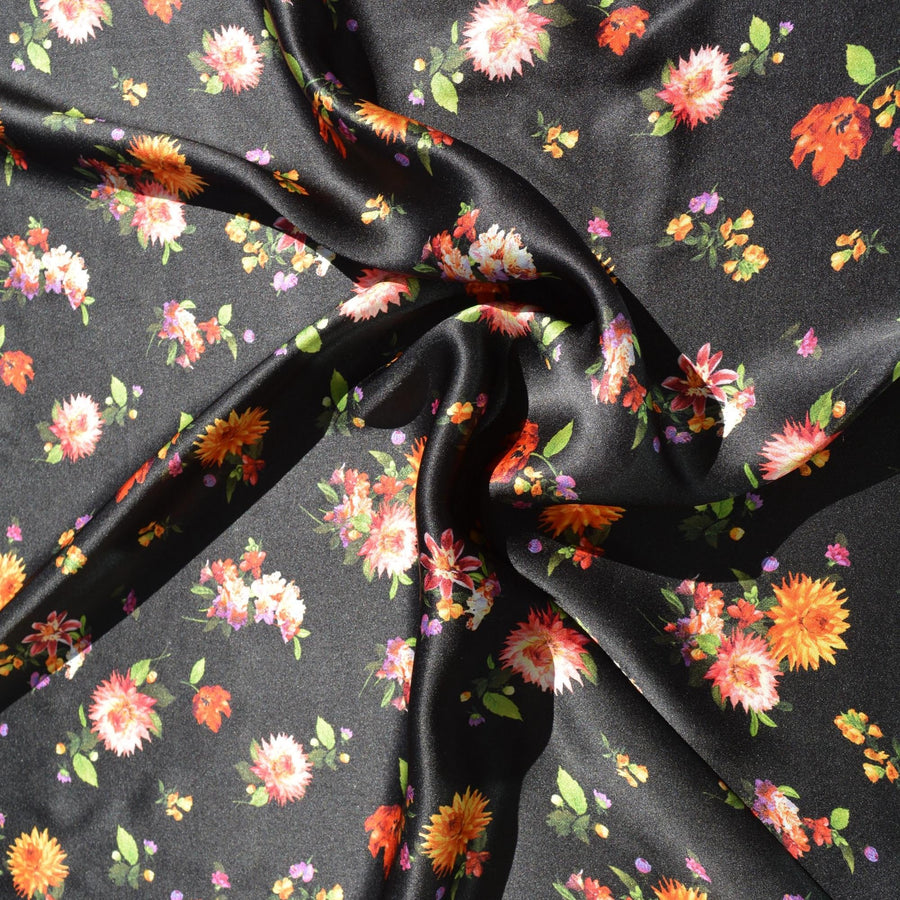 Italian 100% Silk Charmeuse Floral Print Fabric | Black floral |By the Yard