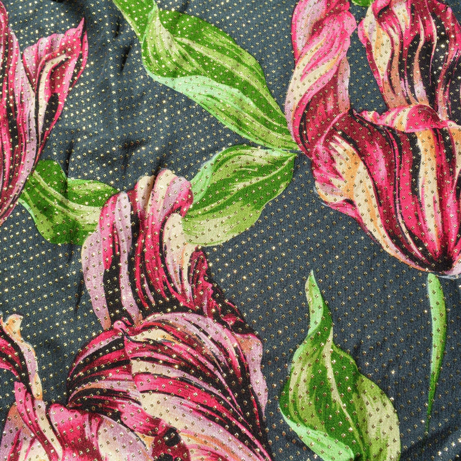 100% Silk Embroidered Silk Fabric Black Floral print on black with gold dots 54" Wide Luxury Fabric Sewing | By the Yard