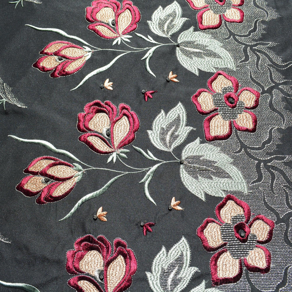 Embroidered Silk Taffeta Fabric | Black | Luxury Designer Textile | By the Yard