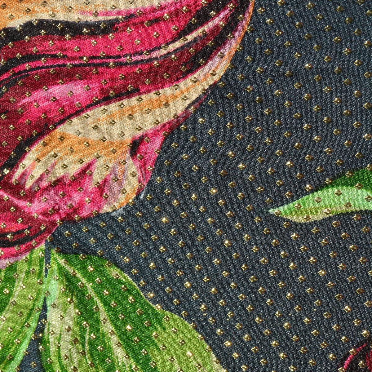 100% Silk Embroidered Silk Fabric Black Floral print on black with gold dots 54" Wide Luxury Fabric Sewing | By the Yard