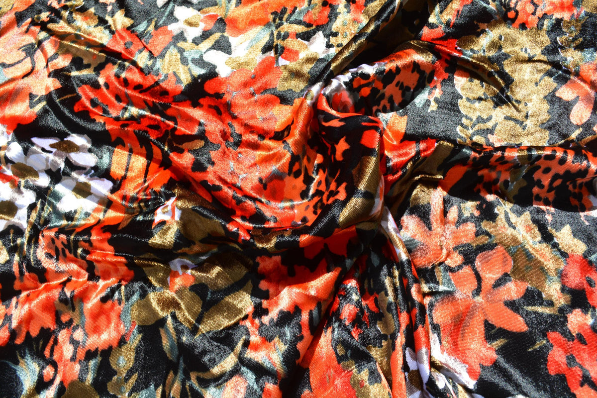 Orange and black | 100% polyester | Velvet | Designer Deadstock | By the Yard