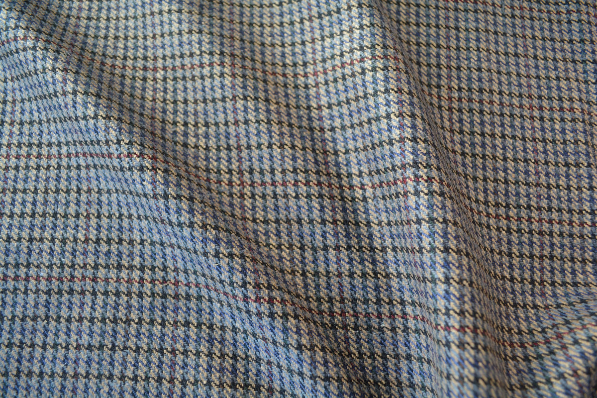 Black Beige Gray Houndstooth Wool Fabric with Thin Red Windowpane Check Suiting 59.5 Inch Wide | By the Yard