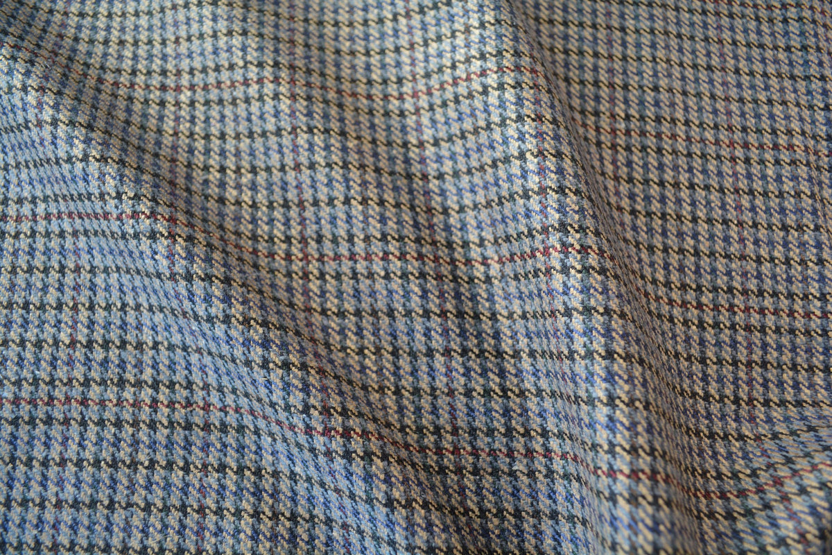 Black Beige Gray Houndstooth Wool Fabric with Thin Red Windowpane Check Suiting 59.5 Inch Wide | By the Yard