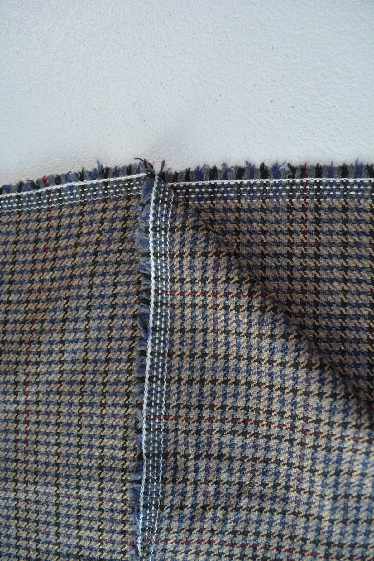 Black Beige Gray Houndstooth Wool Fabric with Thin Red Windowpane Check Suiting 59.5 Inch Wide | By the Yard