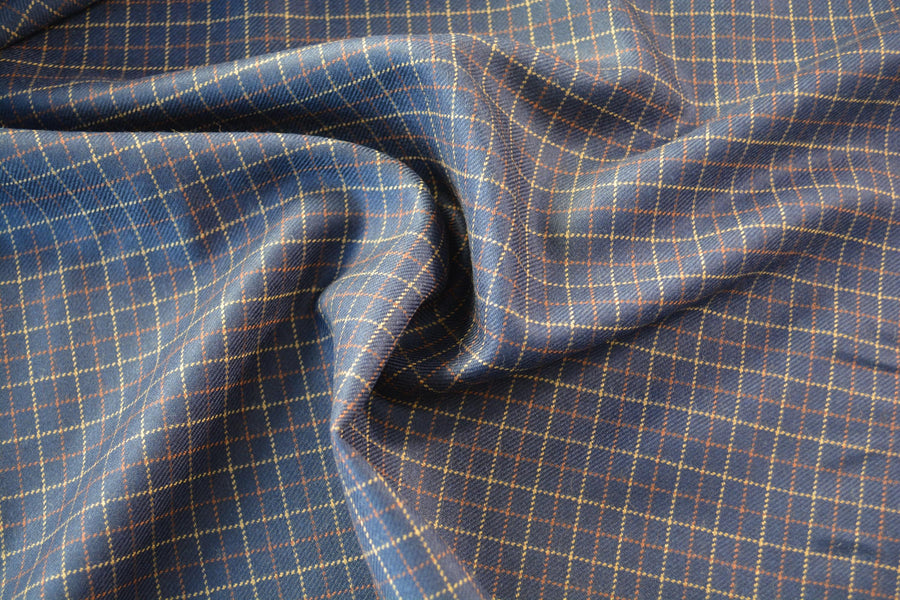European Pure Wool | Lightweight Wool Suiting | Navy with yellow and brown stripes | Designer Fabric Yardage |By the Yard