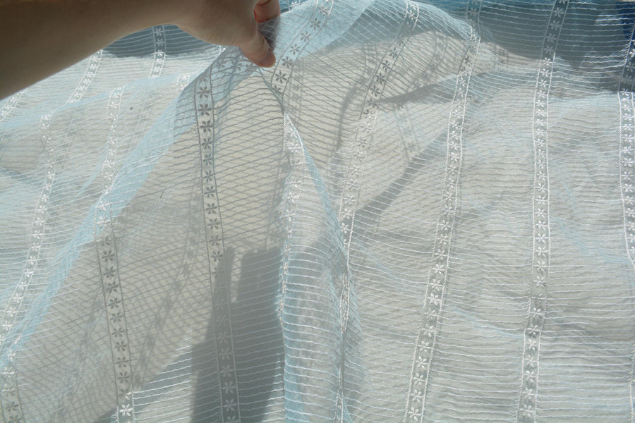Light blue and white | 100% polyester | Embroidered Organza | Designer Deadstock | By the Yard