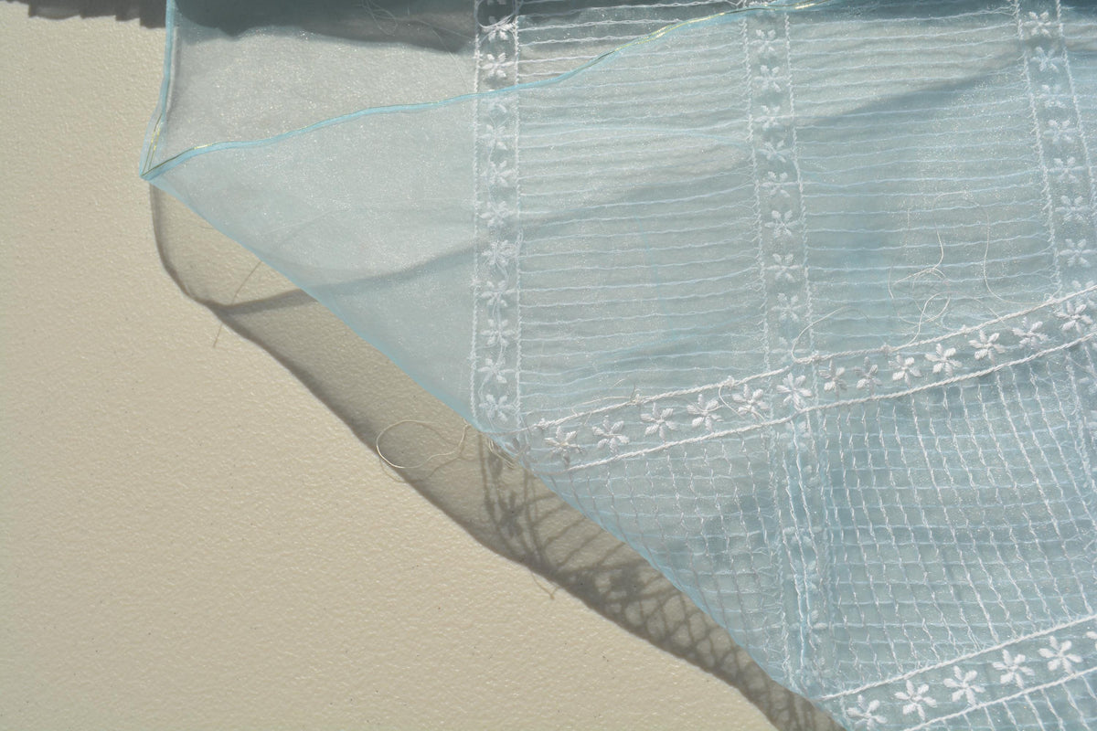 Light blue and white | 100% polyester | Embroidered Organza | Designer Deadstock | By the Yard