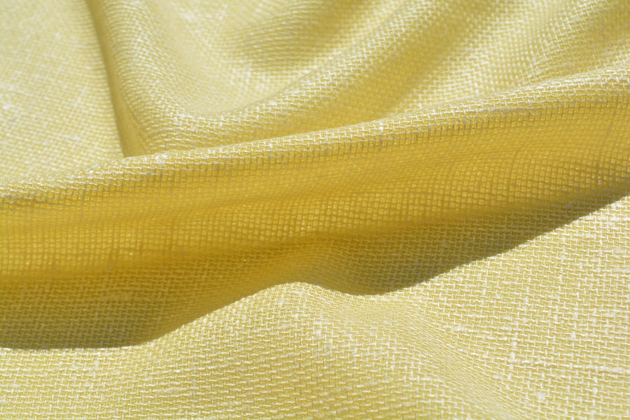 Designer Silk Blend Linen Weave Fabric | Yellow Midweight Designer Fabric | Silk Wool, Couture Sewing | By the Yard